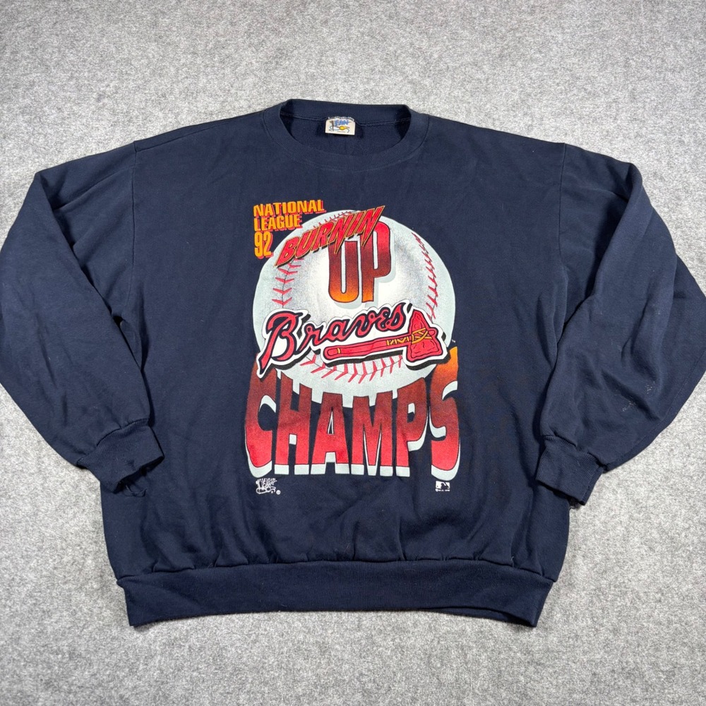 Vintage 1992 Atlanta Braves NL Champs Sweatshirt Mens XL Navy Blue Official Fan‎